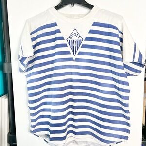 Vintage Bugle Boy Mens Sz L Blue White Striped Cotton Shirt 1980s Retro RARE